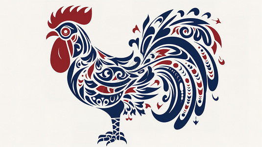 鸡年挂图十二生肖鸡年浅红色海军蓝剪纸风插画