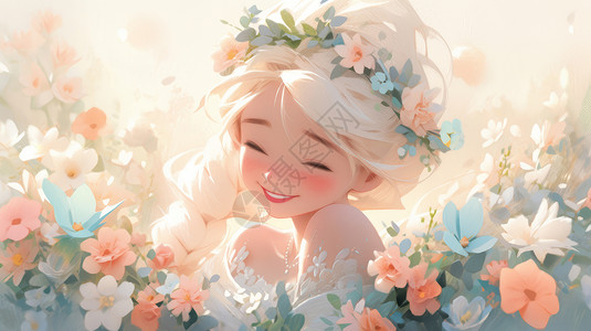 在花丛中开心笑的可爱白色长发卡通女孩图片
