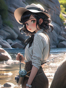 卡其色背景在山中小溪边准备钓鱼的时尚卡通女孩插画