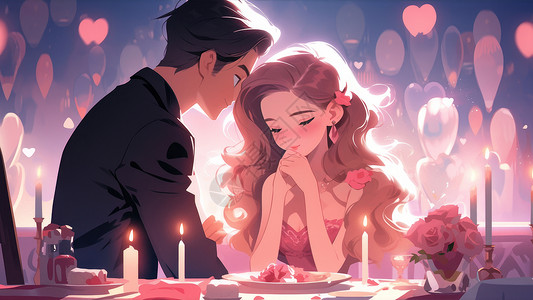 男朋友生日甜蜜卡通情侣在一起共进烛光晚餐插画