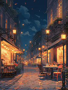 咖啡厅街景繁华夜晚的咖啡厅街道上摆放着桌椅插画