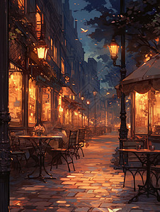 咖啡馆夜景夜晚温馨安静的卡通复古街道插画