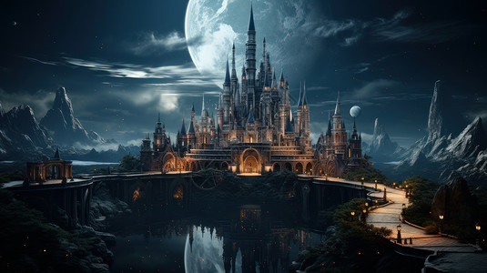 大大的星球下神秘复古的欧式城堡背景图片