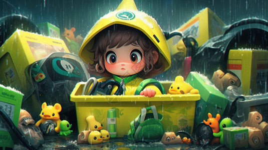 雨里的女孩雨中坐在箱子里的可爱卡通小孩插画