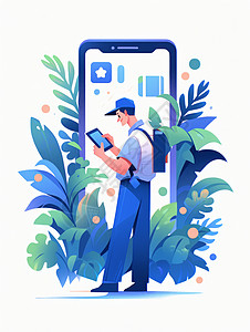 植物背背着双肩背看手机的帅气扁平风卡通男青年插画