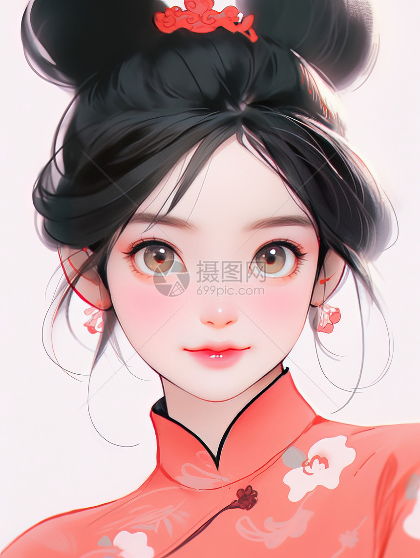 穿粉色汉服的可爱卡通小女孩图片