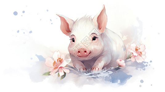 游泳猪中国传统手绘风格十二生肖猪插画