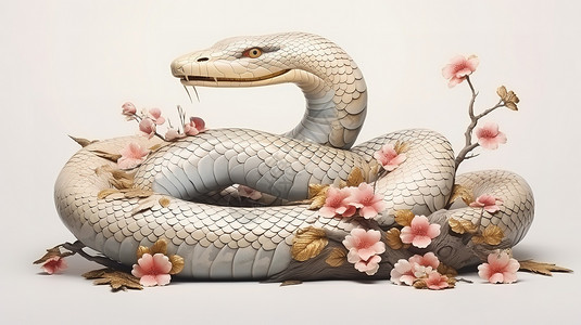 粉色白底中国传统的十二生肖蛇手绘风格插画