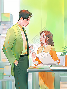 在电脑前讨论的青年夫妻在办公室说话的卡通男女青年同事插画