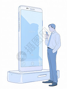 打电话商务人士站在巨大卡通手机前打电话的卡通商务人士插画