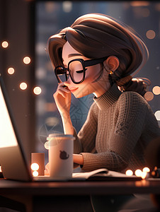 夜晚坐在电脑前办公的时尚卡通女人背景图片