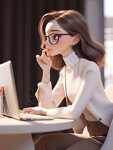 高帮女靴穿白色毛衣在电脑前办公的时尚卡通女人插画