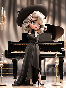 站在钢琴旁时尚优雅的卡通小公主图片