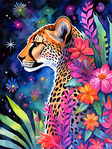美丽的卡通豹子与花朵背景图片