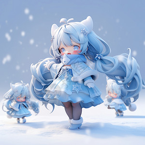 站在雪中蓝色长发可爱的卡通小女孩图片