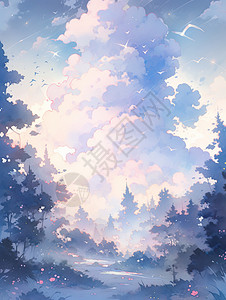 卡通水墨风高高云朵下静谧的森林背景图片