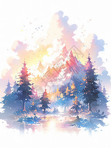 傍晚森林与高山水墨卡通风景背景图片