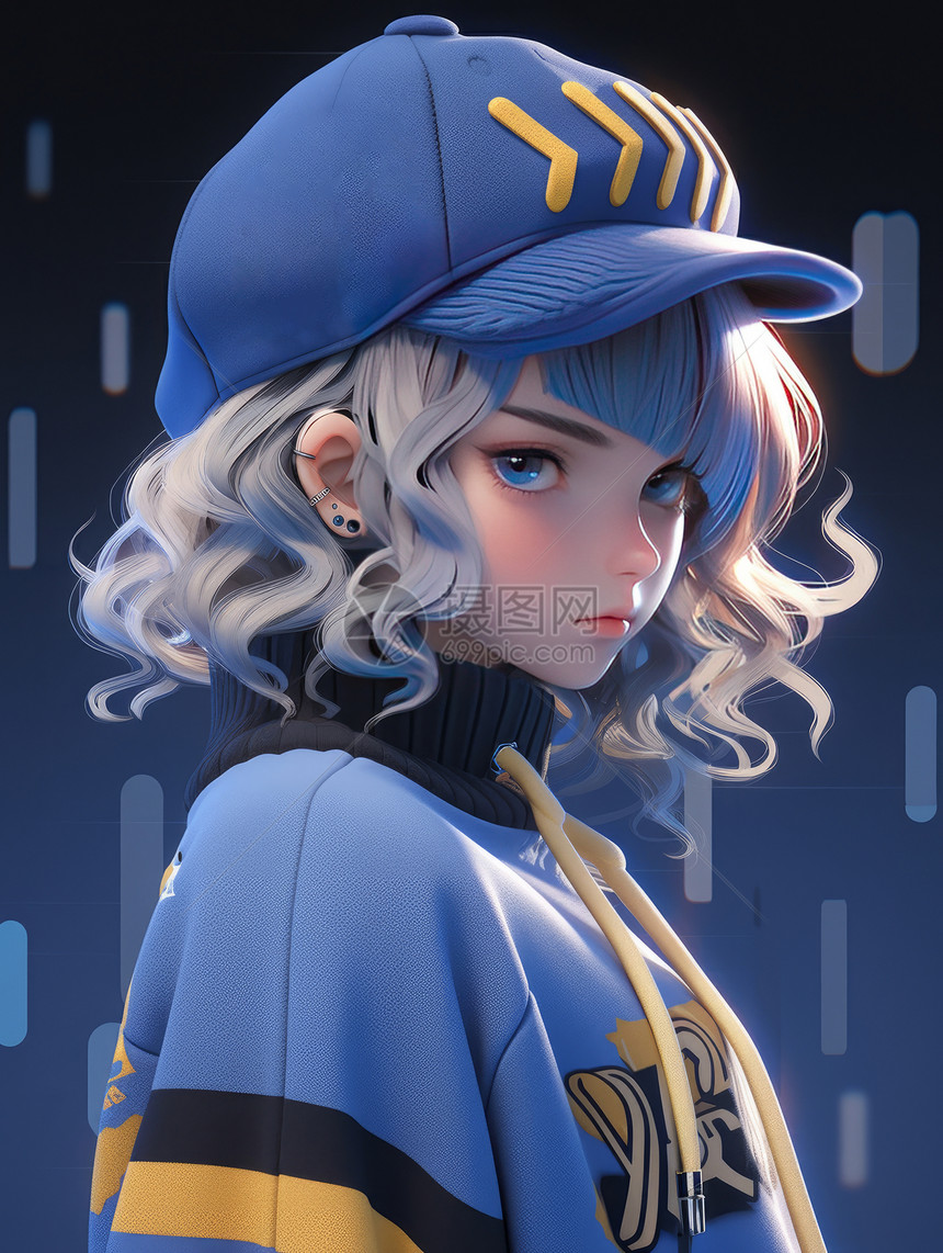 戴蓝色棒球帽时尚的卡通女孩图片