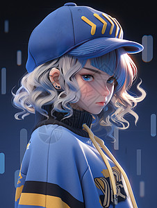戴蓝色棒球帽时尚的卡通女孩图片