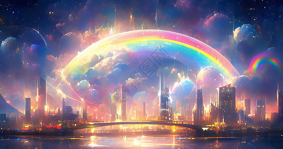 彩虹下的建筑背景图片