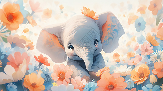 可爱花朵小象插画图片