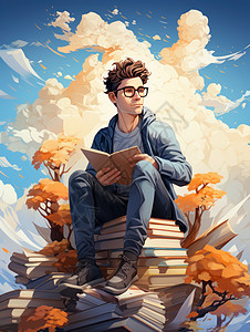 戴眼镜的卡通中年男人坐在书籍山上打开书本看书图片