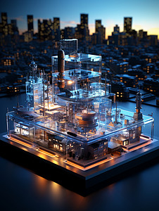 蓝天下的建筑物透明玻璃科技感现代建筑模型插画
