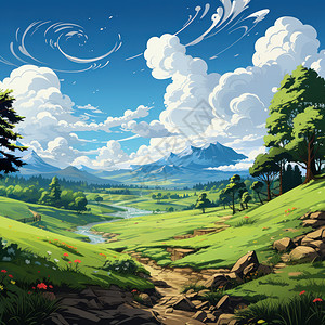 蓝天白云下美丽的小山坡卡通风景图片
