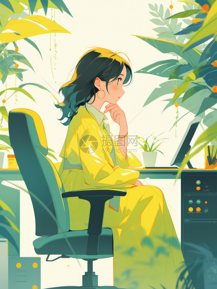 坐在电脑前思考穿黄色长裙的可爱卡通女孩图片
