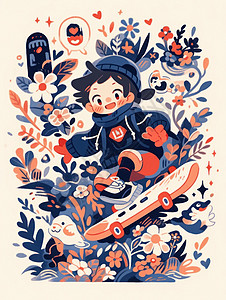 在花丛中玩滑板的可爱卡通小男孩背景图片