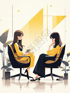 商务朋友坐在一起的两个卡通女孩在交谈插画