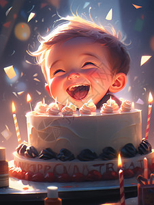 在大蛋糕前开心笑的卡通小男孩背景图片