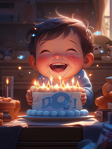 蓝色生日蛋糕抱着蓝色蛋糕开心笑的可爱卡通小男孩插画