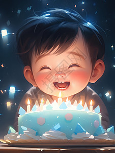 在蓝色蛋糕前开心笑的可爱卡通小男孩背景图片