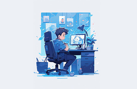 坐在办公椅卡通青年坐在电脑桌前办公插画
