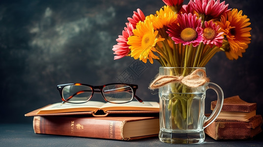玻璃黑板花朵书籍眼镜黑板教师节背景插画