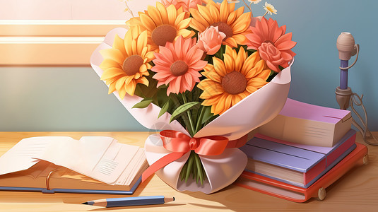 书桌向日葵花束教师节图片