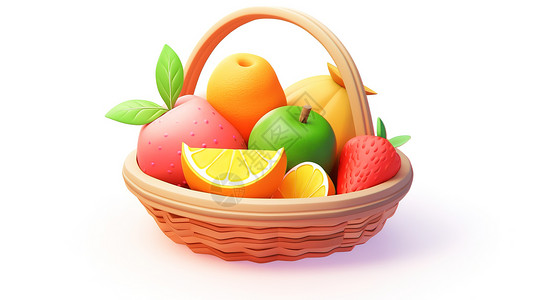 新鲜红心果橙水果果篮3D卡通可爱插画
