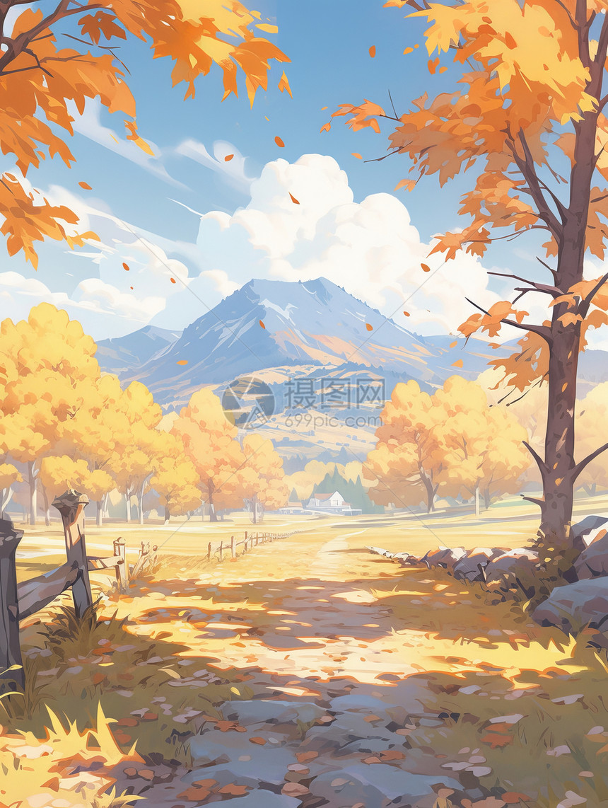 秋天唯美的卡通乡间小路图片