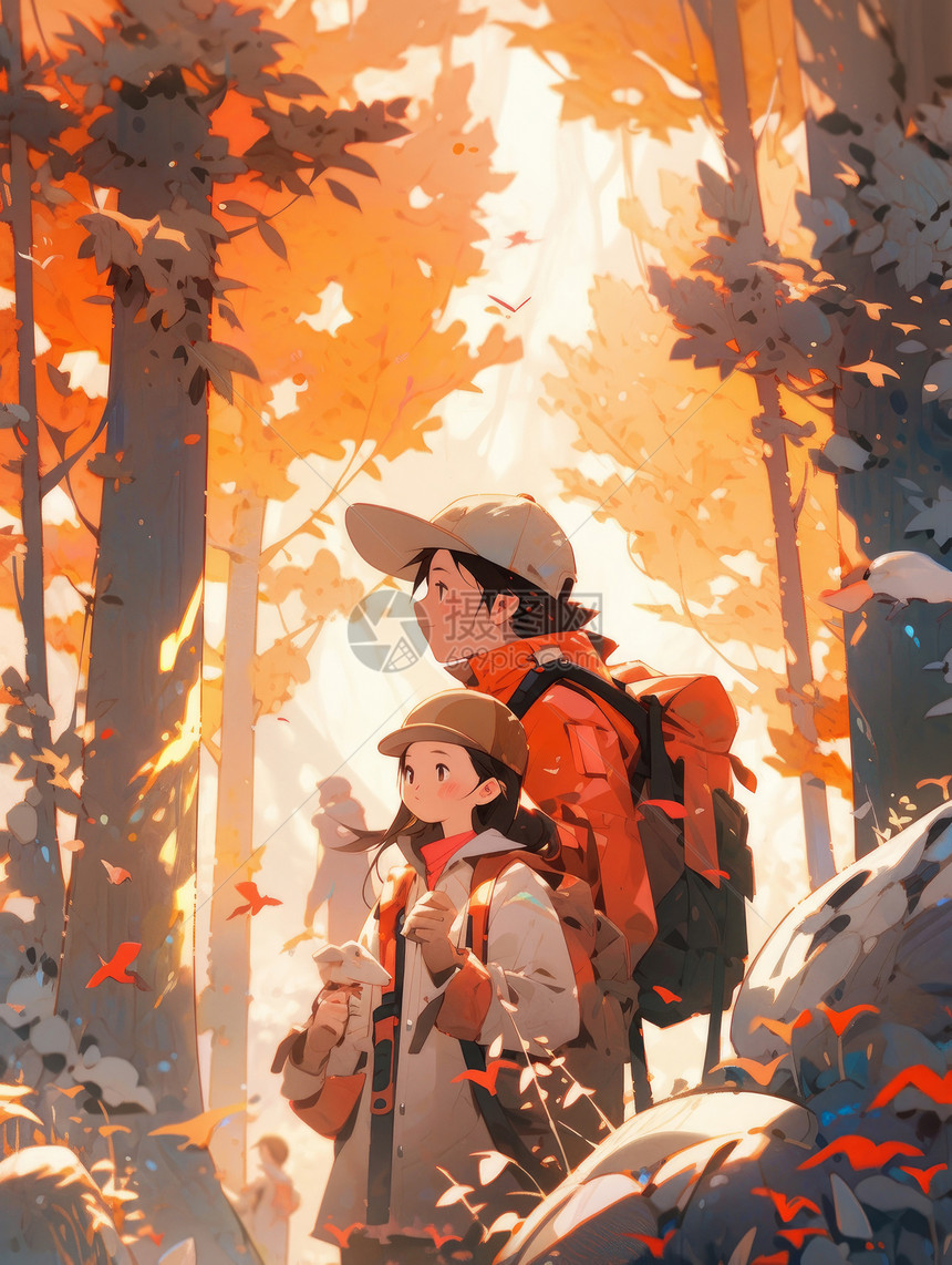 秋天在森林中旅行徒步的卡通男女青年图片