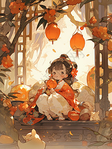 秋天坐在古风阳台可爱的卡通女孩背景图片