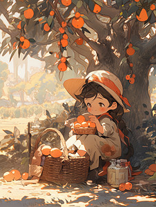 坐在树下戴帽子可爱的卡通小女孩图片