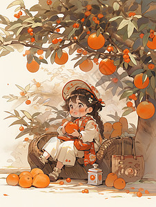 秋天坐在橘子树下休息的可爱卡通小女孩图片