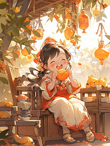 坐在木头上开心吃橘子的可爱卡通小女孩图片