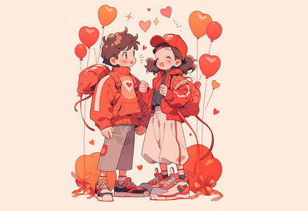 背着包男孩背着包站在一起开心笑的可爱卡通情侣插画