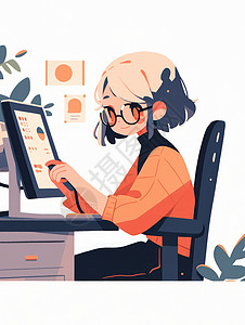 坐在电脑桌前工作的卡通女孩背景图片