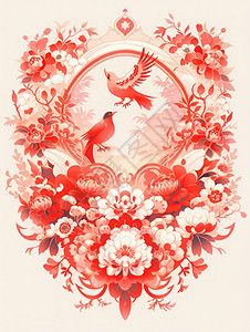 民族风红色喜庆卡通小鸟与花朵图片