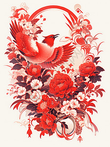 牡丹花上的小鸟卡通红色小鸟与卡通红色牡丹花插画
