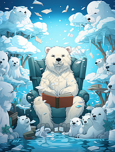 坐在沙发上看书讲故事的卡通北极熊图片