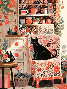 蹲在花椅子上可爱的黑色卡通小猫图片